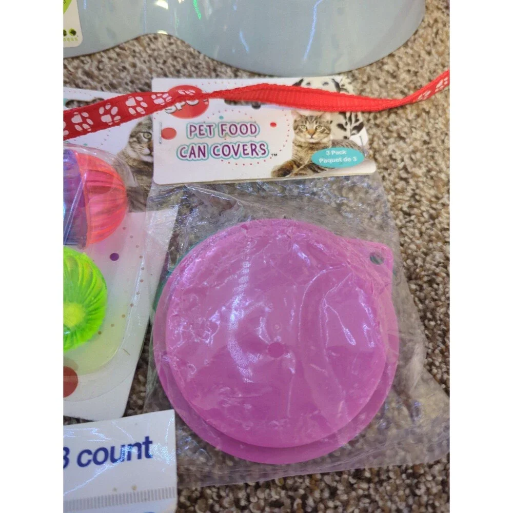 Lot of 5 Cat Supplies New or Like New - Dish, Collar, Leash, Ball Toys, Can Lids